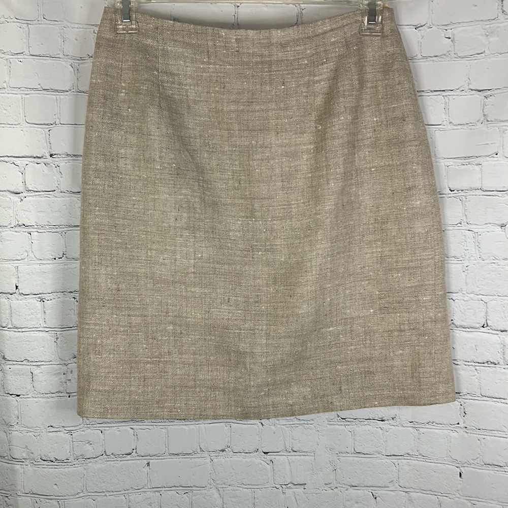 VINTAGE INTERNATIONAL SCENE TAN MINI FULLY LINED LINEN SKIRT SZ 12 (modern Sz 8)